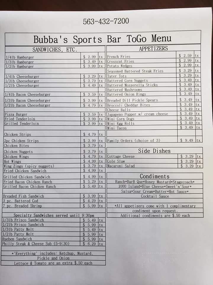 Bubba's Sports Bar & Grill - Mechanicsville, IA